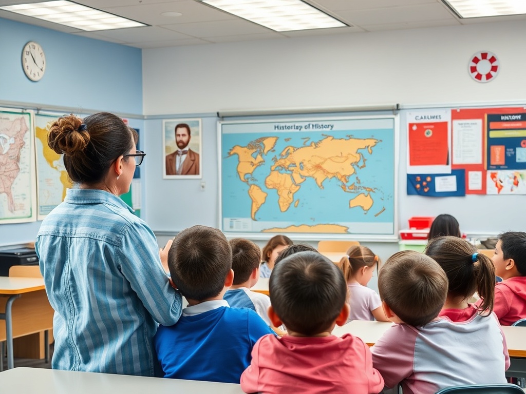 Учитель стоит перед классом, дети слушают. На стене карта мира и учебные материалы.