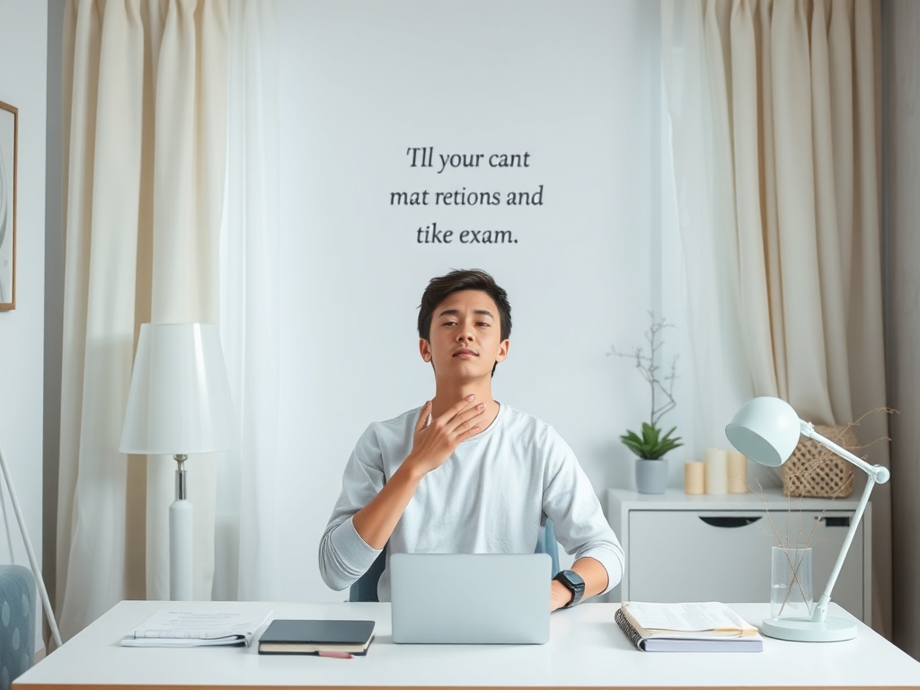 Молодой человек сидит за столом с ноутбуком, готовясь к экзамену в уютной обстановке.