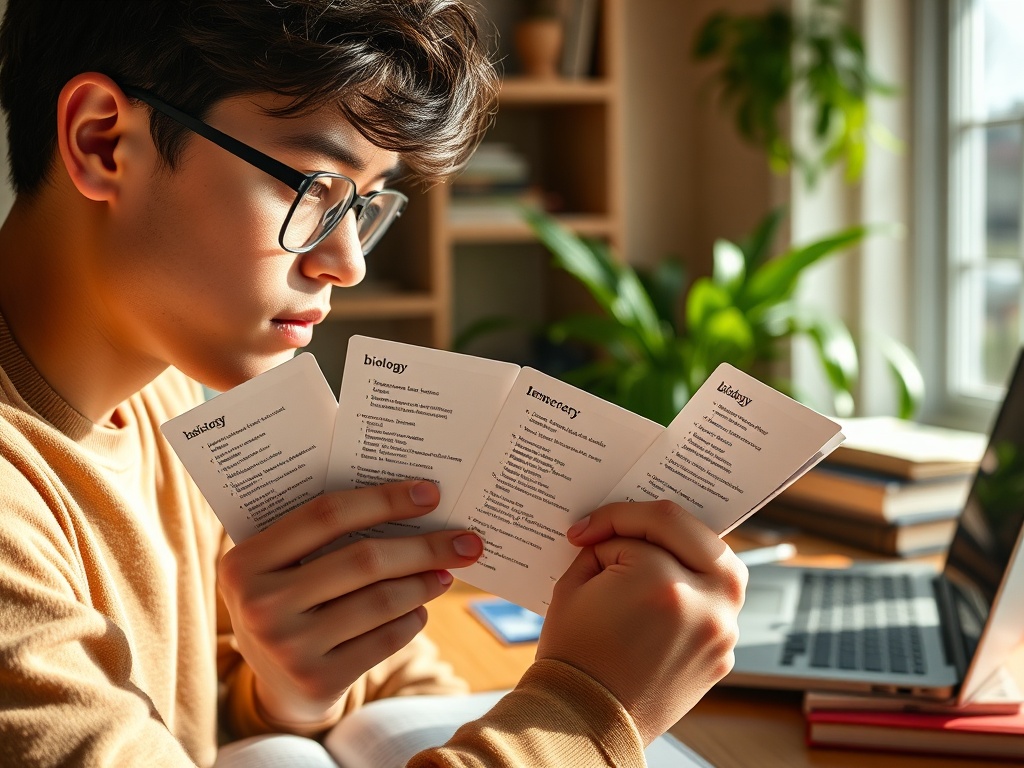 Молодой человек с очками изучает карточки с записями по биологии и лексикологии за столом.