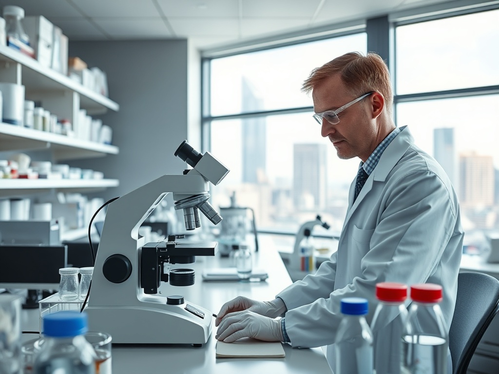Ученый в лабораторном халате изучает образцы под микроскопом, на фоне стеклянных витрин.