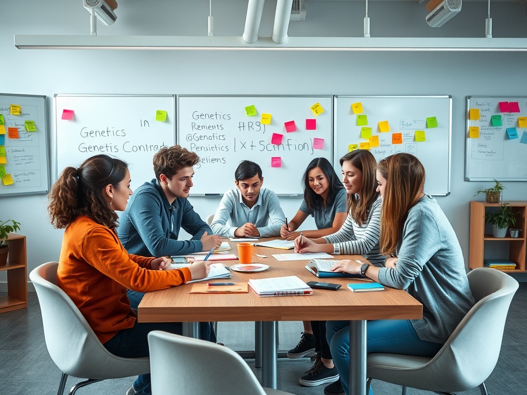 Группа студентов обсуждает генетику в учебном классе, вокруг множество заметок и белая доска.