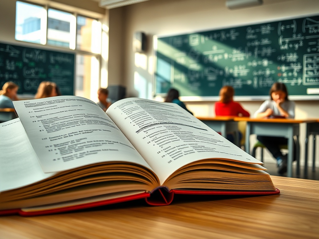 Открытая книга на столе, на заднем фоне ученики занимаются в классе с досками, заполненными уравнениями.