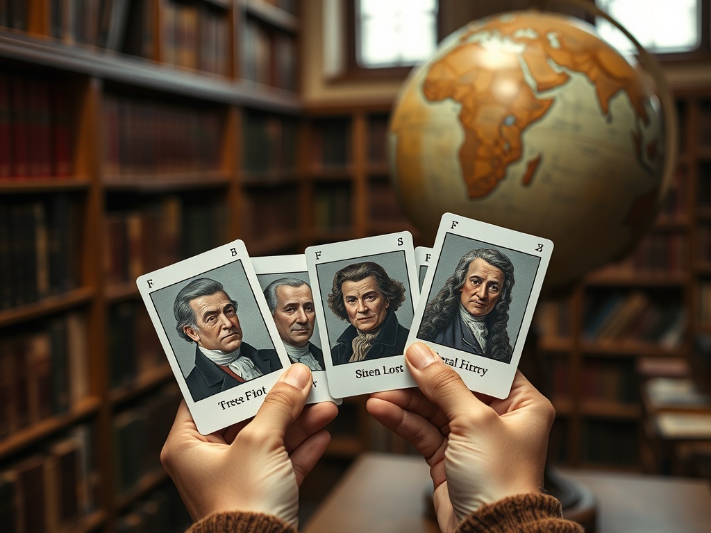 На фоне библиотеки и глобуса держат карточки с портретами исторических личностей.