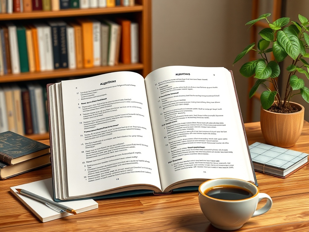Открытая книга с текстом, чашка кофе и растение на столе, с книжной полкой на заднем плане.