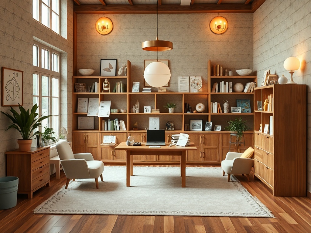 Современный офис с деревянной мебелью, книгами, растениями и большими окнами, наполненный светом.