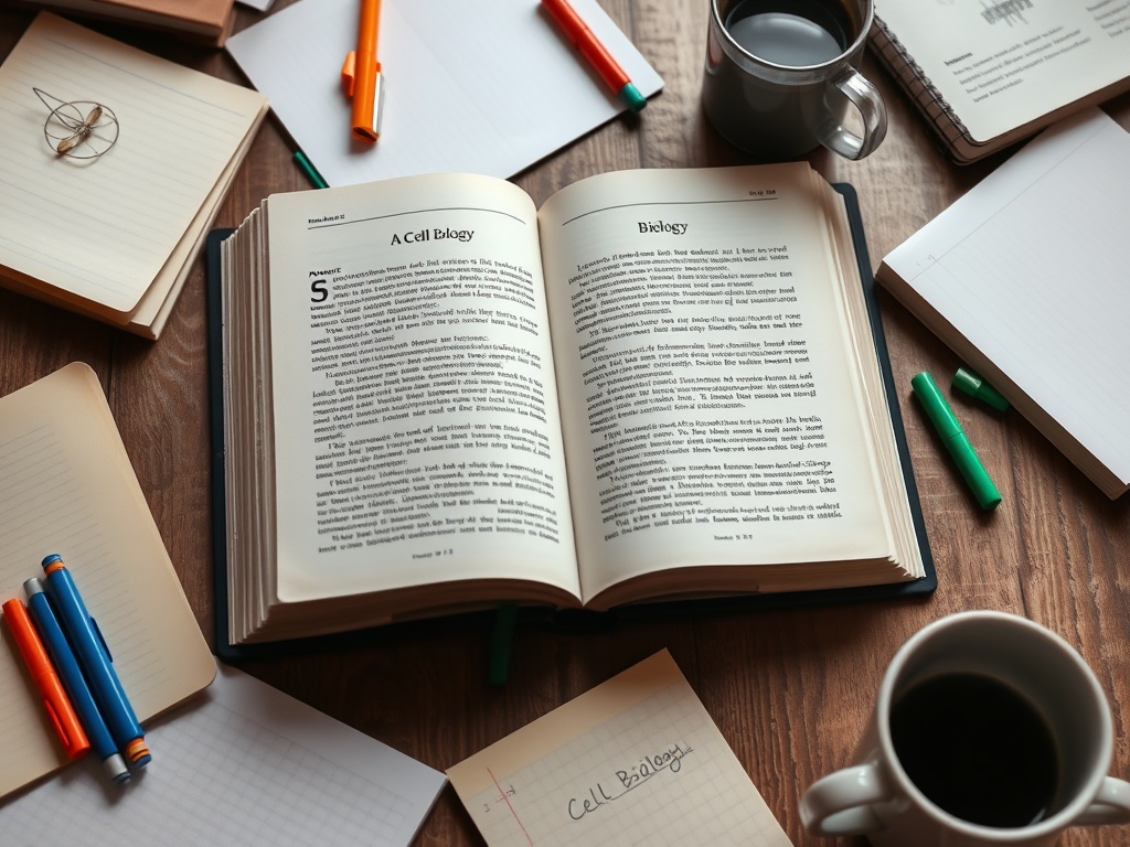 На столе открытая книга по клеточной биологии, рядом ручки, блокноты и чашка кофе. Обстановка для учебы.
