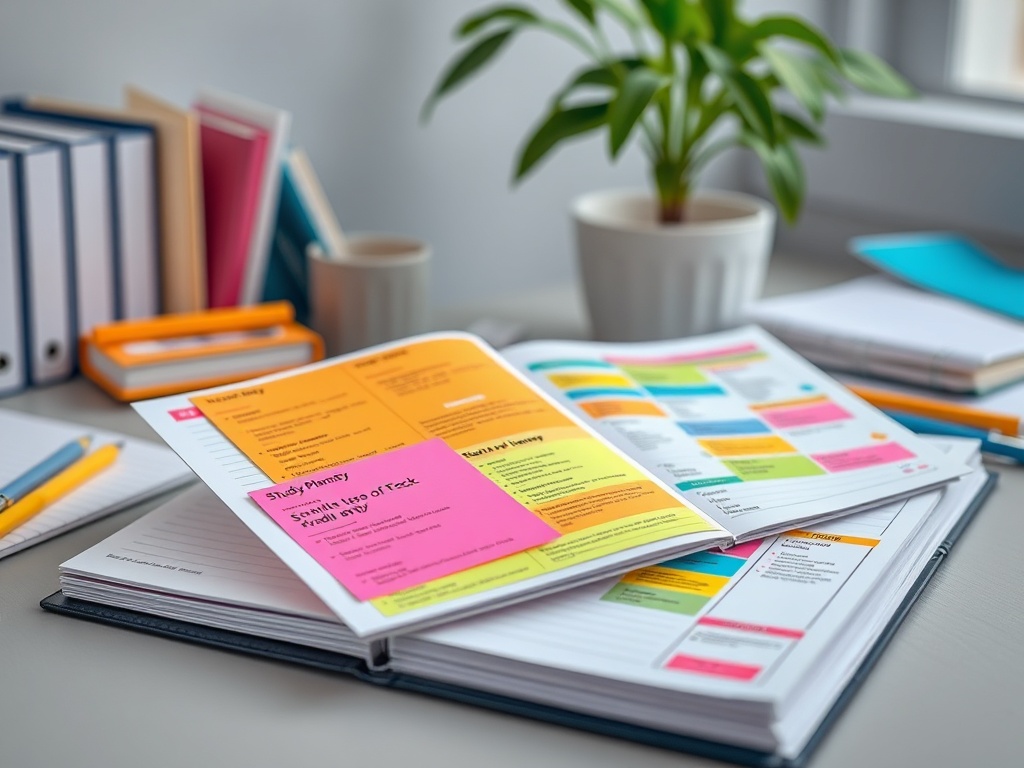 На столе лежат учебные материалы, записные книжки и комнатное растение. Яркие заметки выделяют важное.