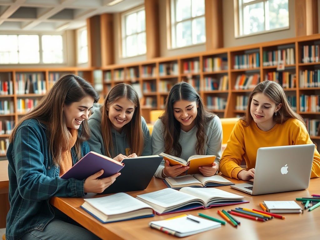 Четыре девушки учатся в библиотеке, читают книги и работают с ноутбуком. Приятная атмосфера учебы.