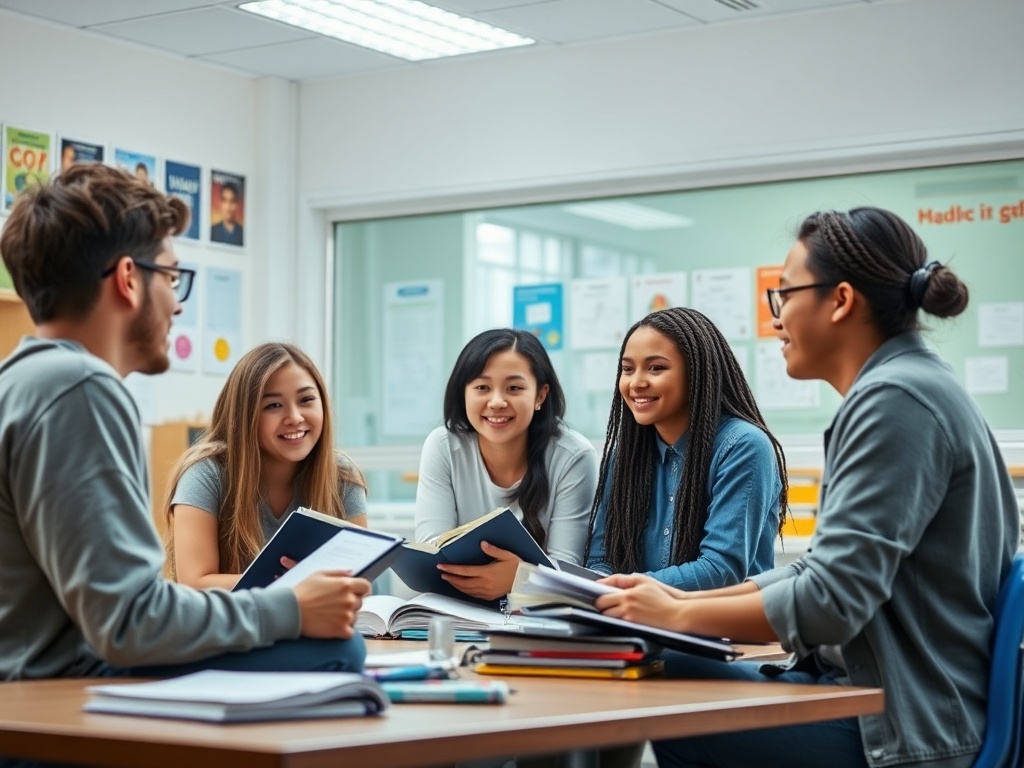 Группа студентов обсуждает учебу за столом в классе, смеются и делятся учебными материалами.