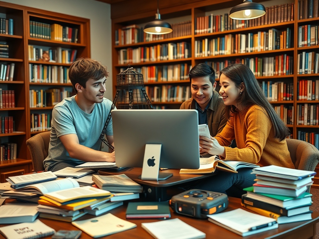 Трое молодых людей находятся в библиотеке, вместе работают за компьютером и обмениваются идеями.