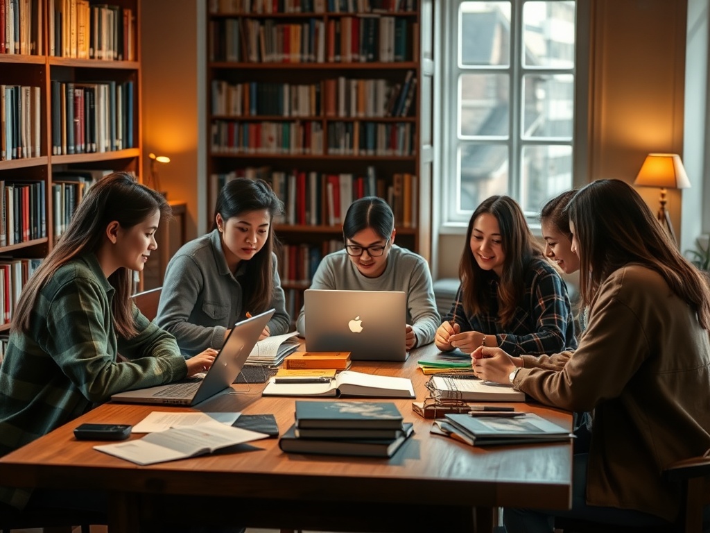 Шесть студентов обсуждают идеи за столом в библиотеке, окружённые книгами и ноутбуками.