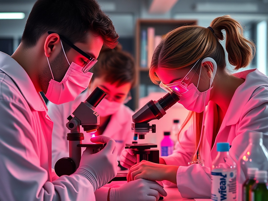 Исследователи в лаборатории используют микроскопы, погруженные в красный свет, для анализа образцов.