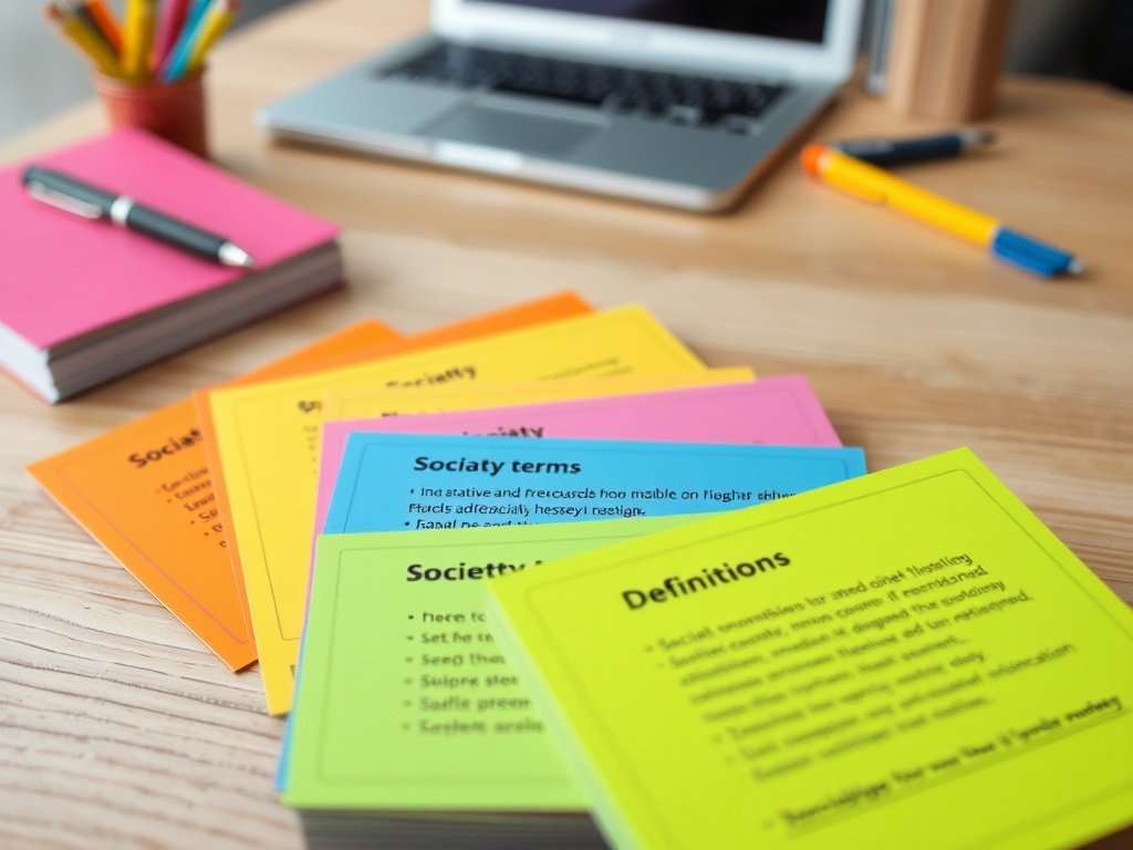 На столе разноцветные карточки с терминами и определениями, рядом ноутбук и канцелярские принадлежности.